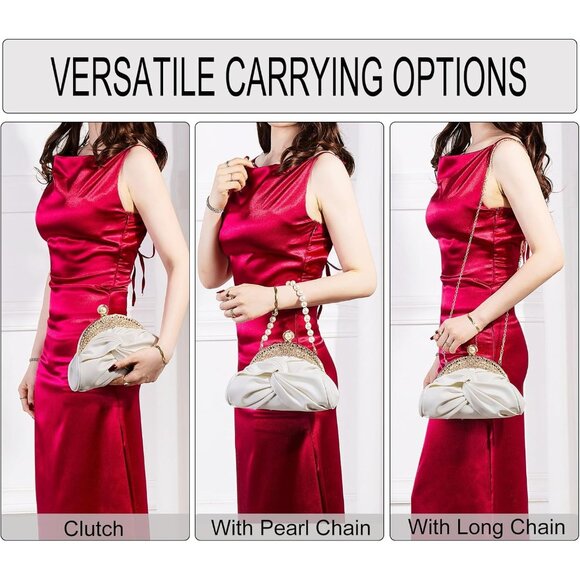 ⚡ Women's Cream Leather Dumpling Pearl Chain Evening Crossbody Clutch Bag - Picture 4 of 6